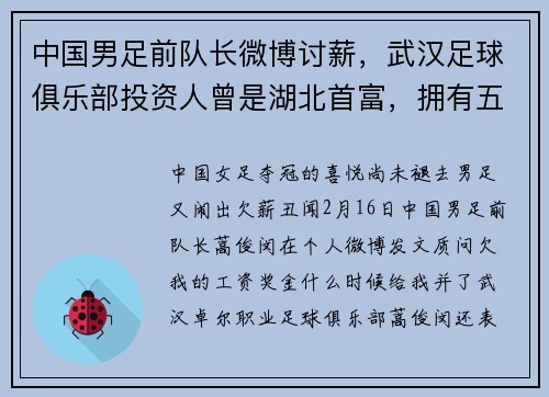 中国男足前队长微博讨薪，武汉足球俱乐部投资人曾是湖北首富，拥有五家上市公司