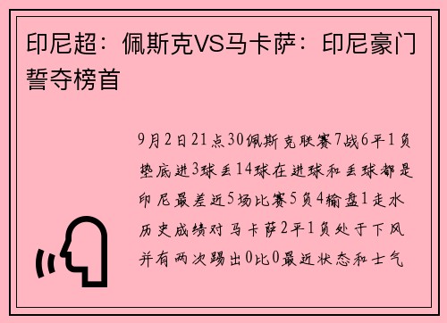 印尼超：佩斯克VS马卡萨：印尼豪门誓夺榜首